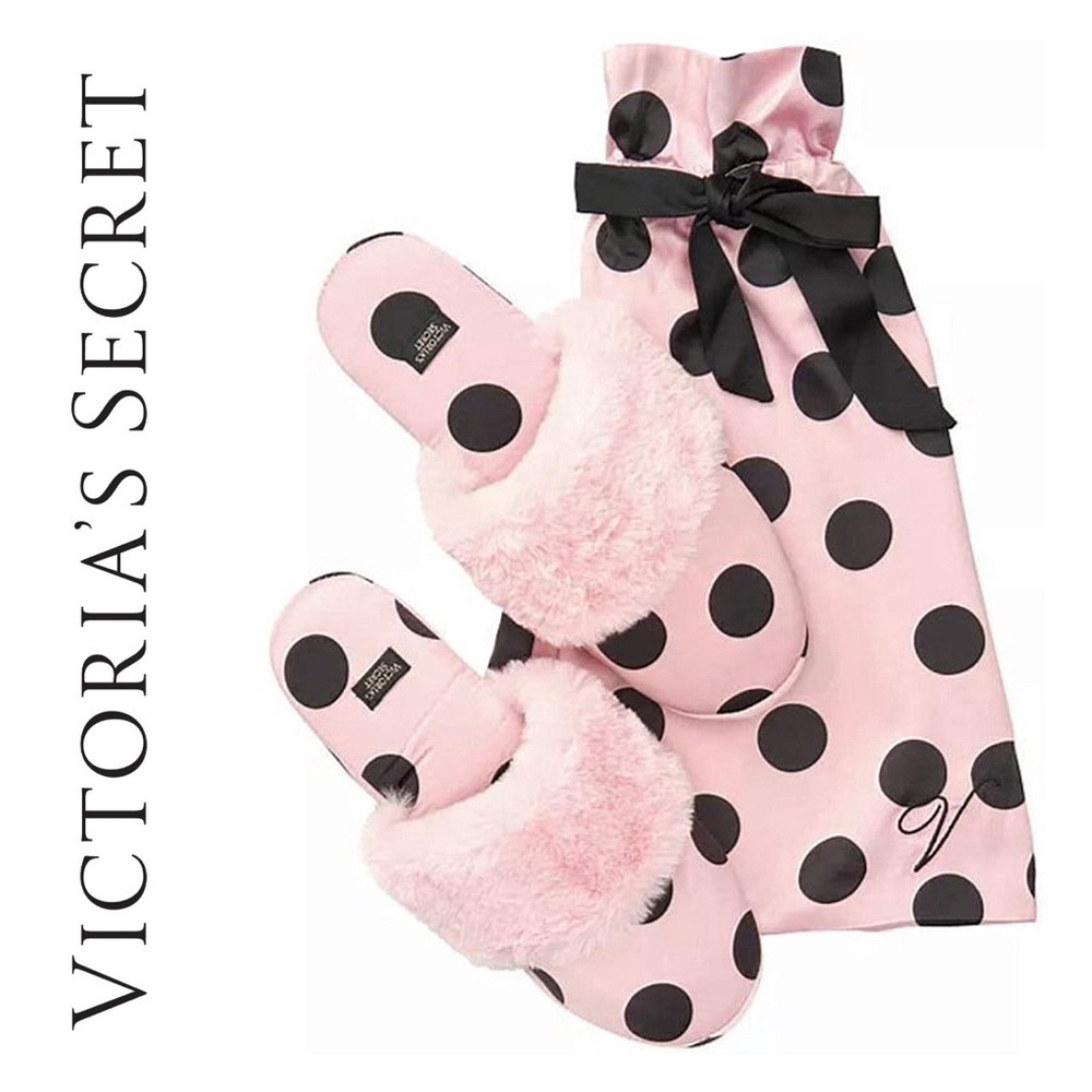 NWT Victoria’s Secret Signature Satin Slippers Pink/Black Polka Dot Faux Fur